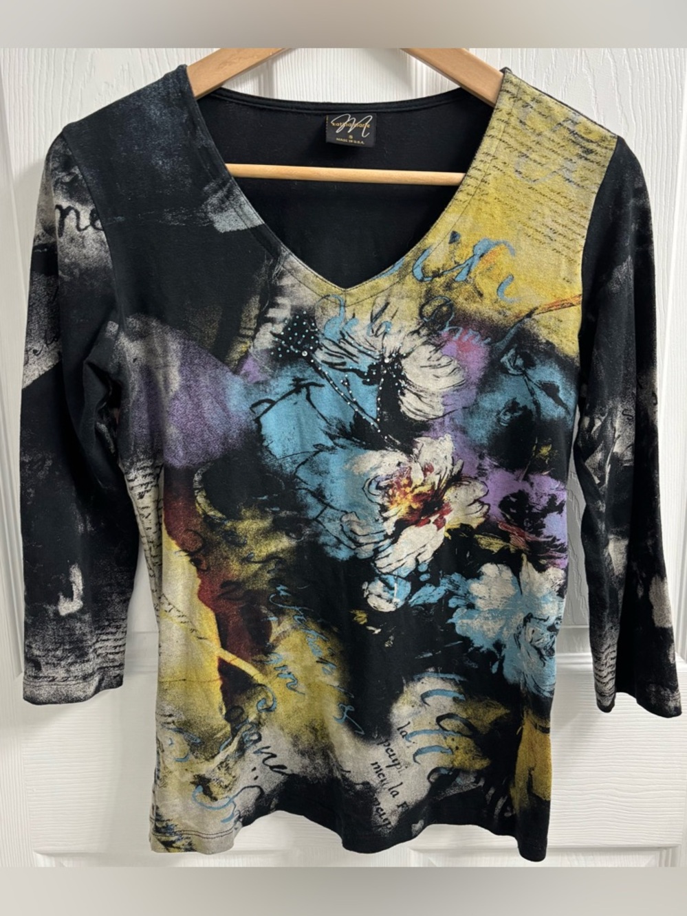 Vintage Abstract Floral V Neck Top Small Black Y2K Watercolor Whimsygoth
